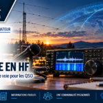 Station radioamateur HF avec transceiver, microphone et ordinateur illustrant la voix numérique FreeDV RADE