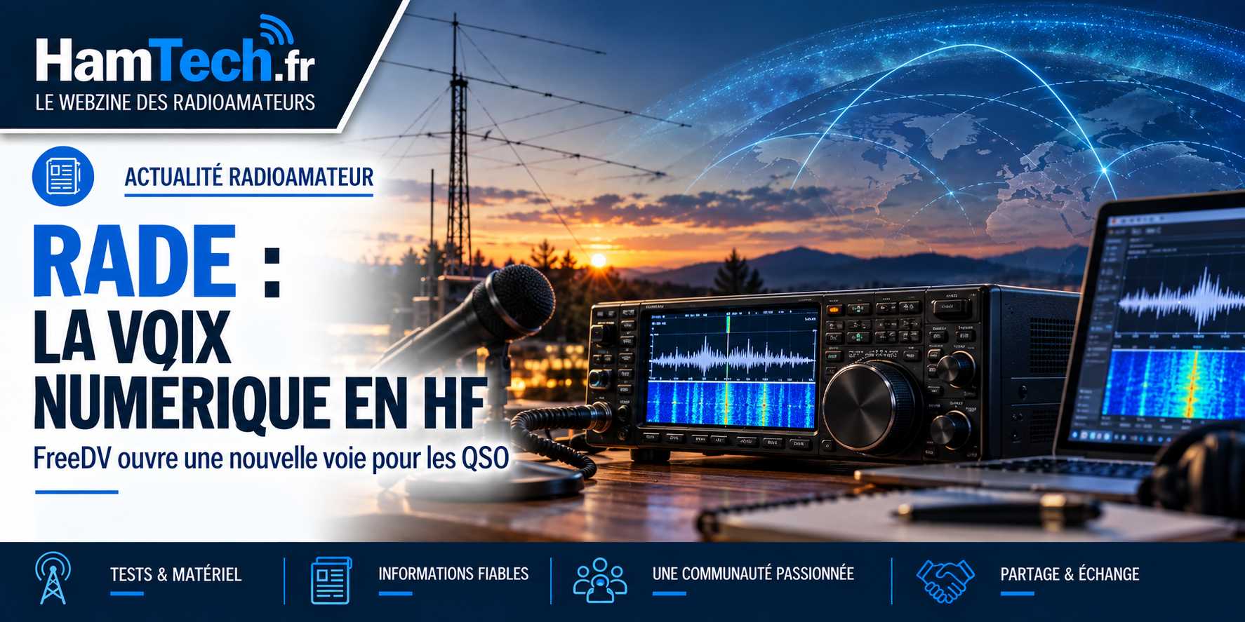 Station radioamateur HF avec transceiver, microphone et ordinateur illustrant la voix numérique FreeDV RADE