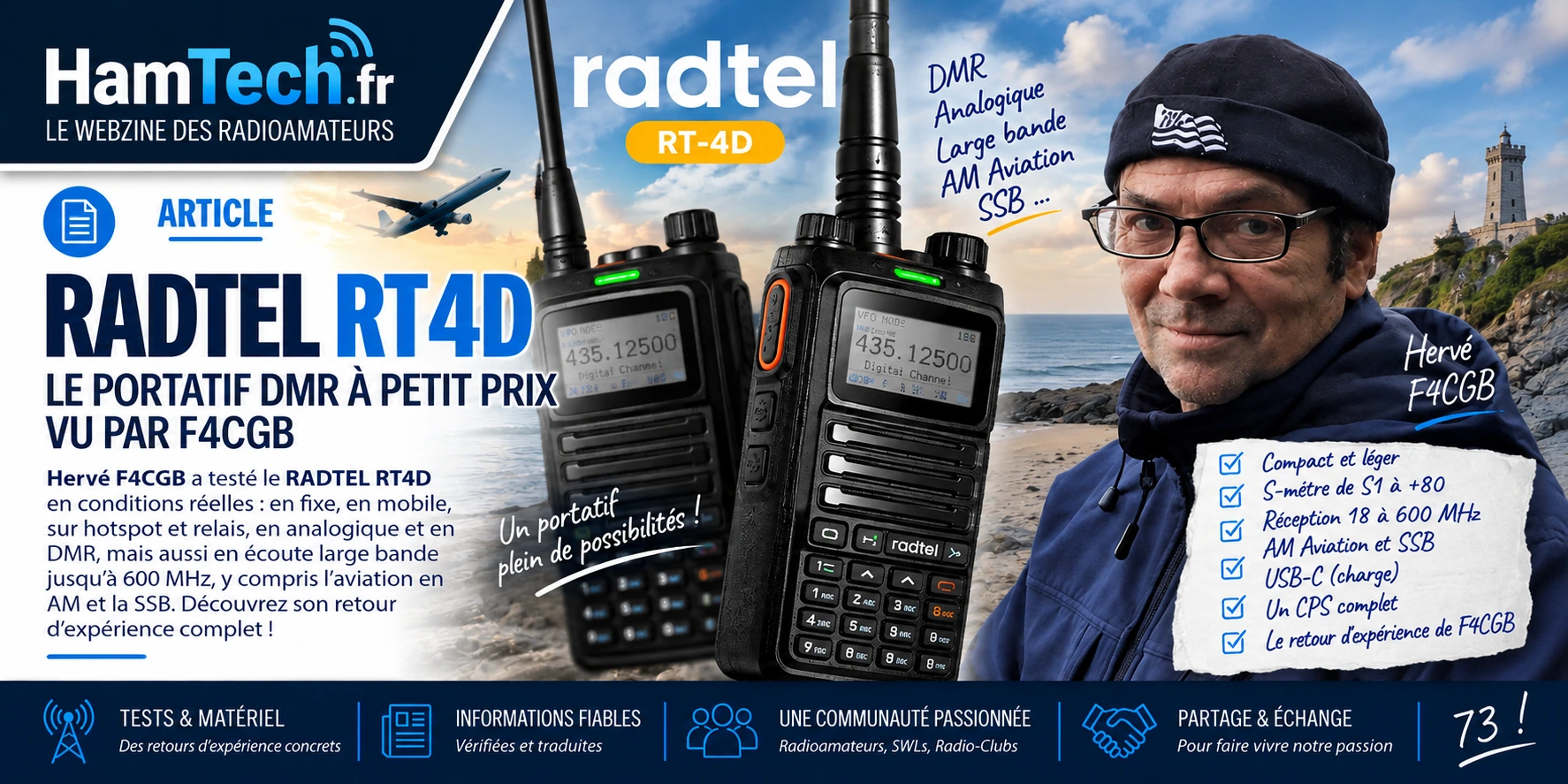 RADTEL RT4D testé par Hervé F4CGB pour HamTech.fr, portatif DMR analogique avec réception aviation AM et large bande